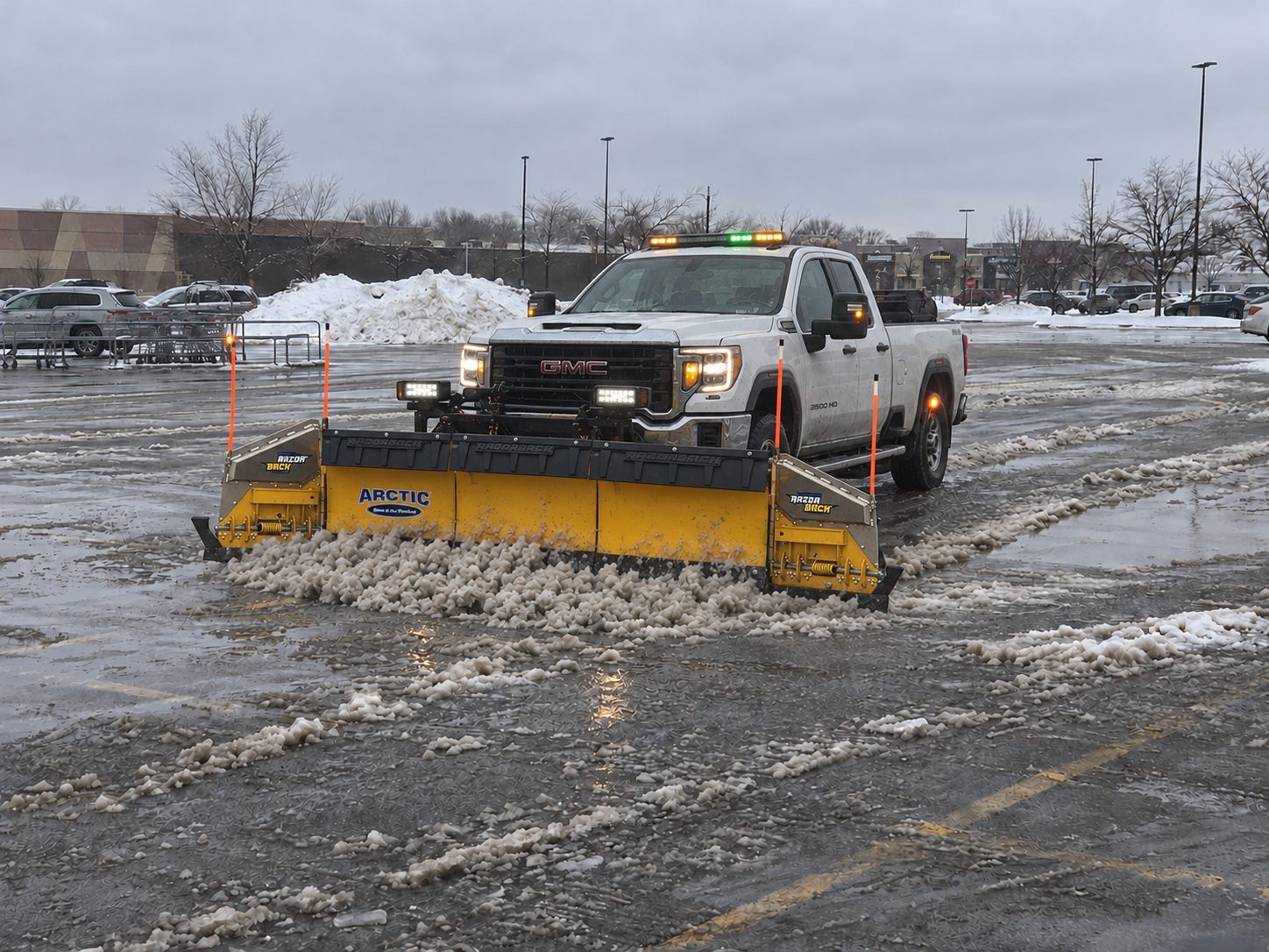Plow truck clearing a commercial parking lot in Madison, WI